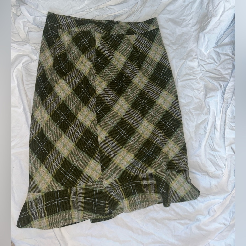 LOFT Asymmetrical Plaid Skirt - Green and Cream